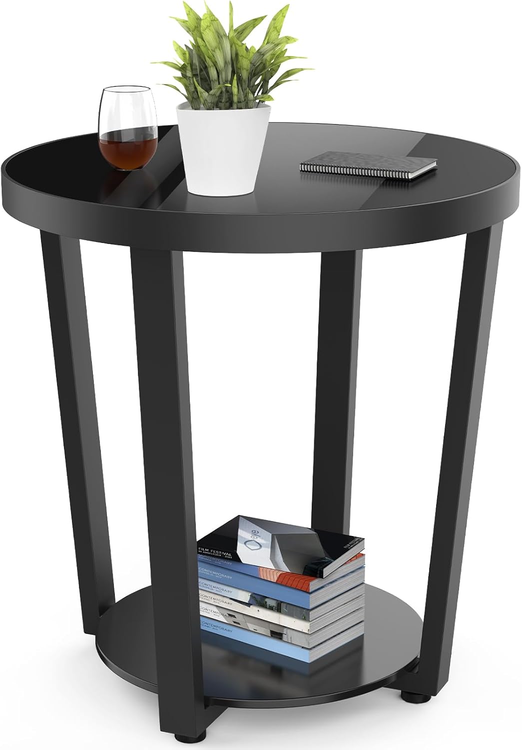 Round End Table, Tempered Glass End Table with Metal Frame, Small Coffee Table, Black Sofa Side Table for Living Room, Balcony, Bedroom