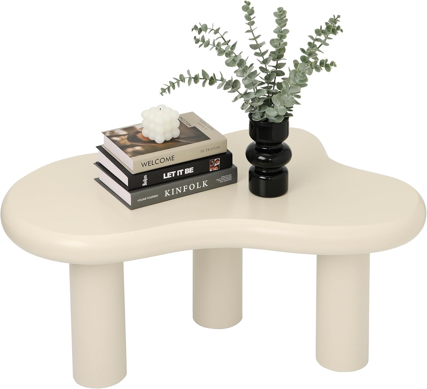 34"(L) Cloud Coffee Table, Modern Wood Coffee Table for Living Room, Accent Unique Center Tables with 3 Legs, Small Tea Tables for Balcony, Patio, Bedroom, Cream White