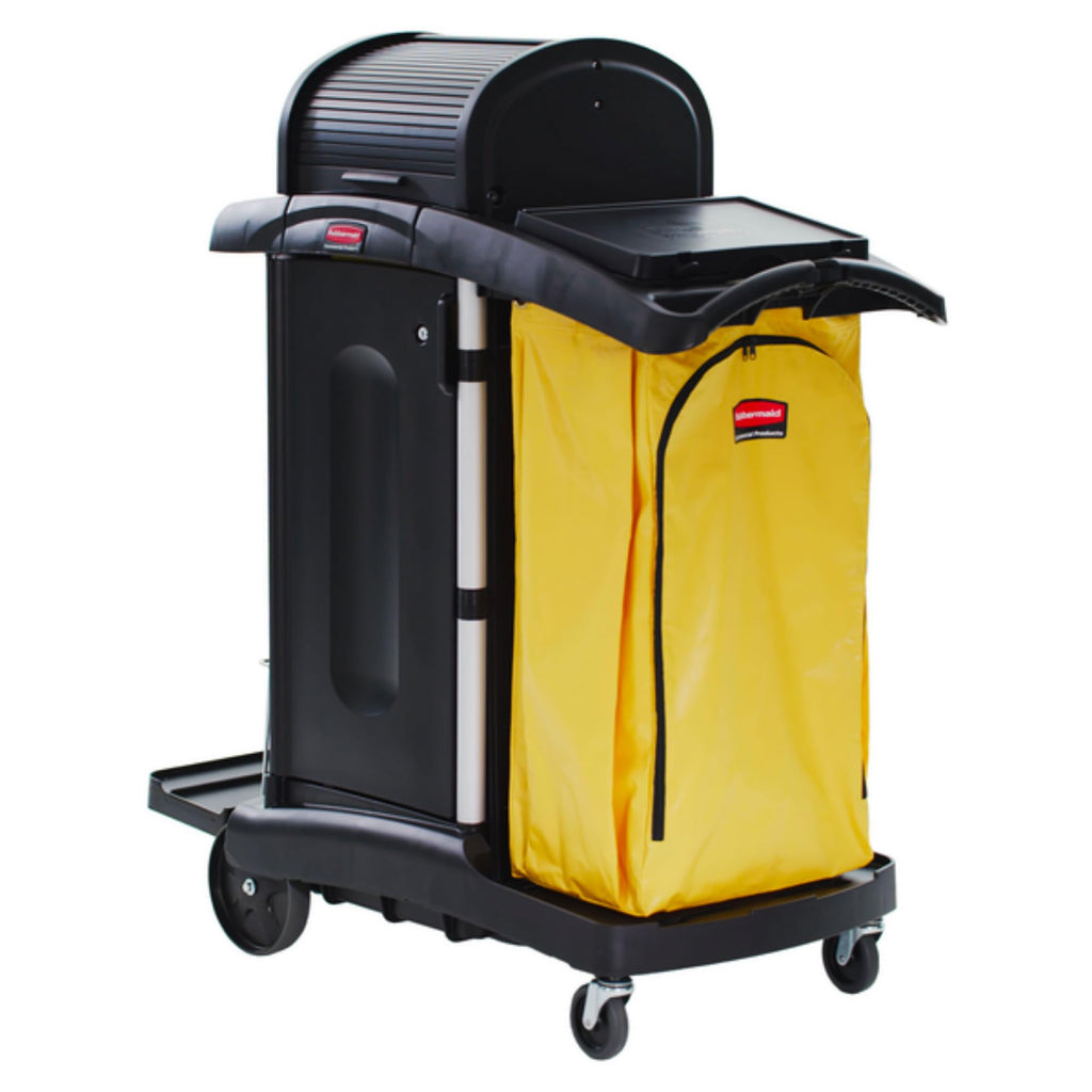 Rubbermaid Commercial High Security Housekeeping Janitorial Cart with Wheels, Yellow Vinyl Bag, Locking Hood and Cabinets for Commercial Facility/Hotel/Stadium/School/Office