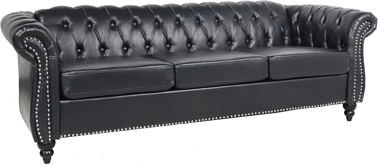 LEVNARY Chesterfield Sofa, Classic Tufted Upholstered Leather Couch, Modern 3 Seater Couch Furniture with Tufted Back for Living Room Office (Black)
