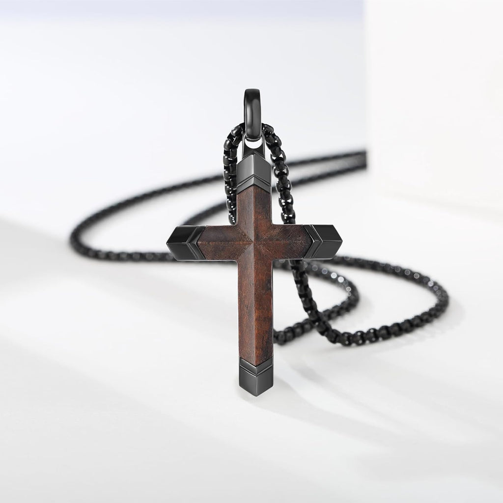 Wooden Cross Necklace for Men, Real Ebony Inset In Black Stainless Steel Christian Wood Crucifix Pendant, Includes Necklace 24" Box Chain
