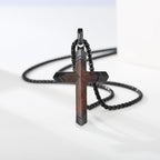 Wooden Cross Necklace for Men, Real Ebony Inset In Black Stainless Steel Christian Wood Crucifix Pendant, Includes Necklace 24" Box Chain