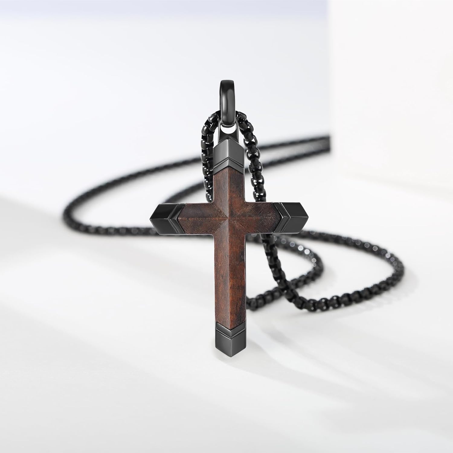 Wooden Cross Necklace for Men, Real Ebony Inset In Black Stainless Steel Christian Wood Crucifix Pendant, Includes Necklace 24" Box Chain