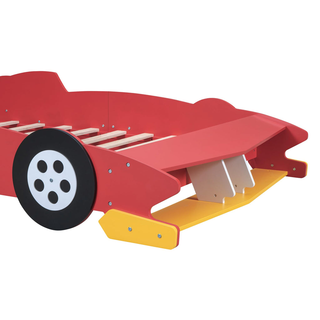 Bellemave Full Size Race Car Bed for Kids,Wood Car-Shaped Platform Bed with Storage Shelves,Car Bed Full with Wheels for Boys,Girls,(Full,Red)