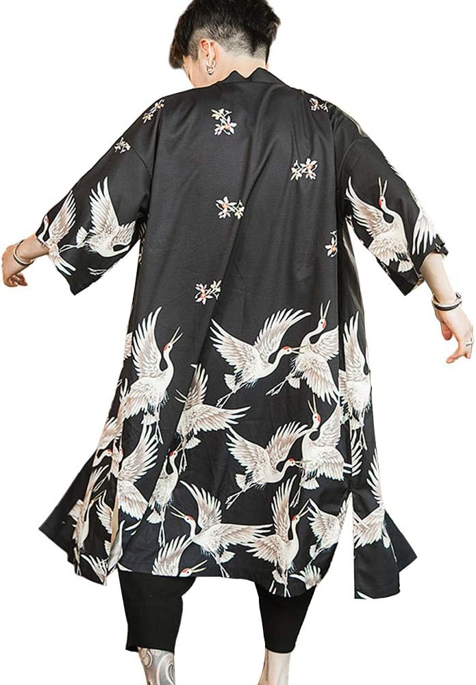 HAORUN Men Japanese Kimono Coat Loose Yukata Outwear Long Bathrobe Tops Vintage