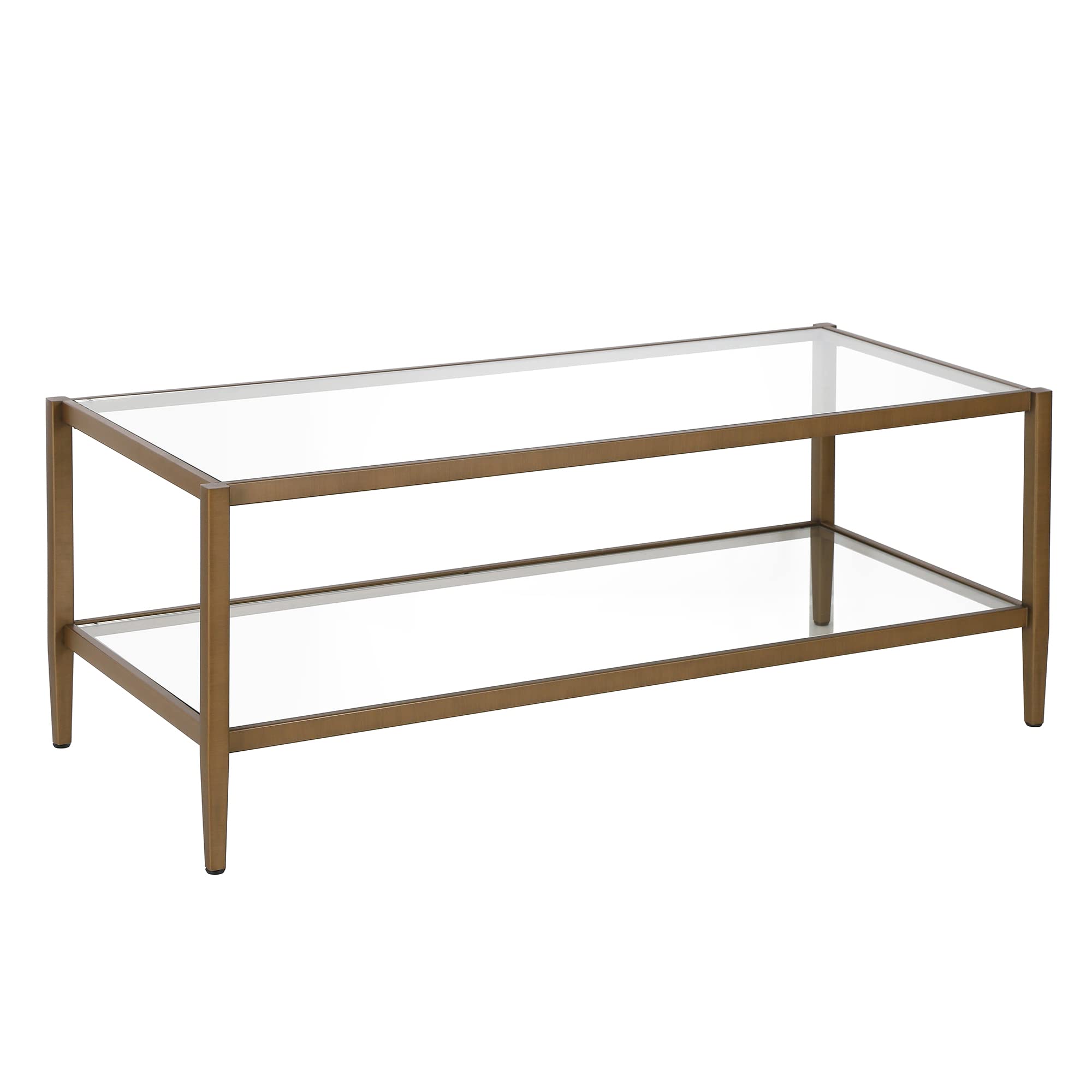 Henn&Hart 24" Wide Rectangular Side Table with Glass Shelf in Antique Brass, Table for Living Room, Bedroom