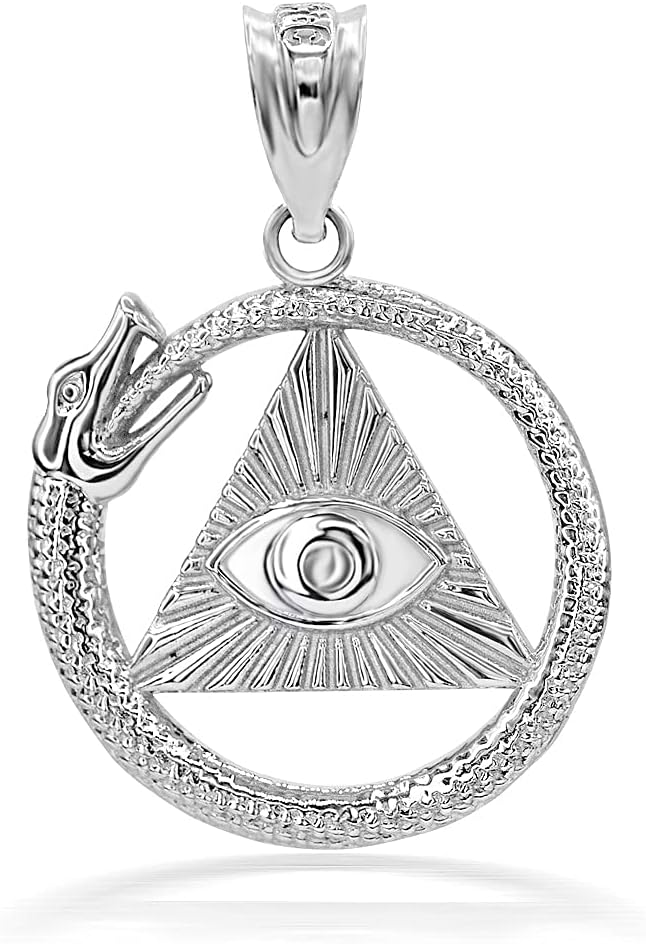 Claddagh Gold Solid .925 Sterling Silver Ouroboros Snake The eye Of Horus/Ra All Seeing Eye Pendant Necklace - Choose Pendant Only or Necklace w/ 16”-22” Chain