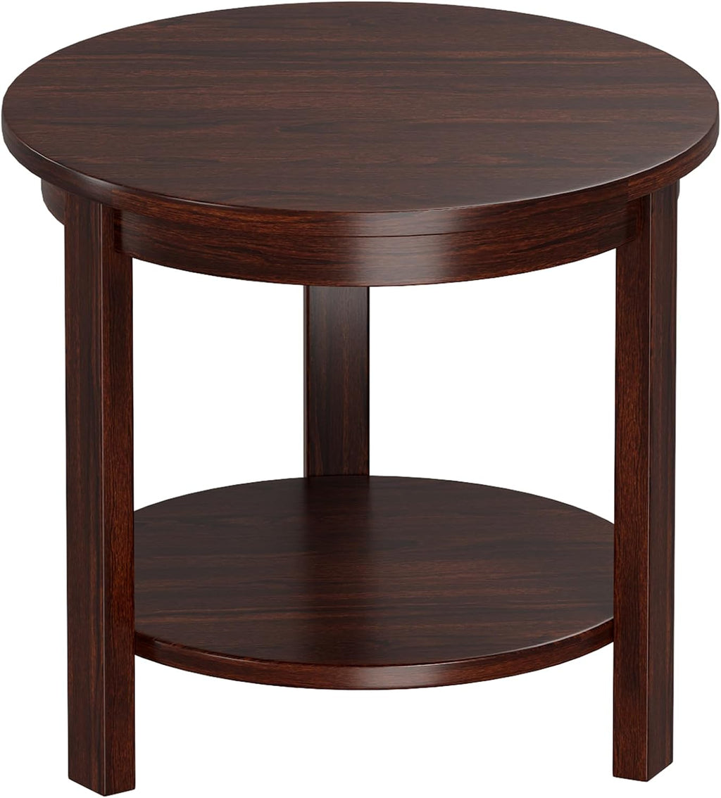 Small Round Wood Coffee Table with Storage Shelf, Living Room Side Table for Couch Sofa, 22 x 20 Inches, 5-Tier Mid Century Modern Wooden End Table for Bedroom, Walnut