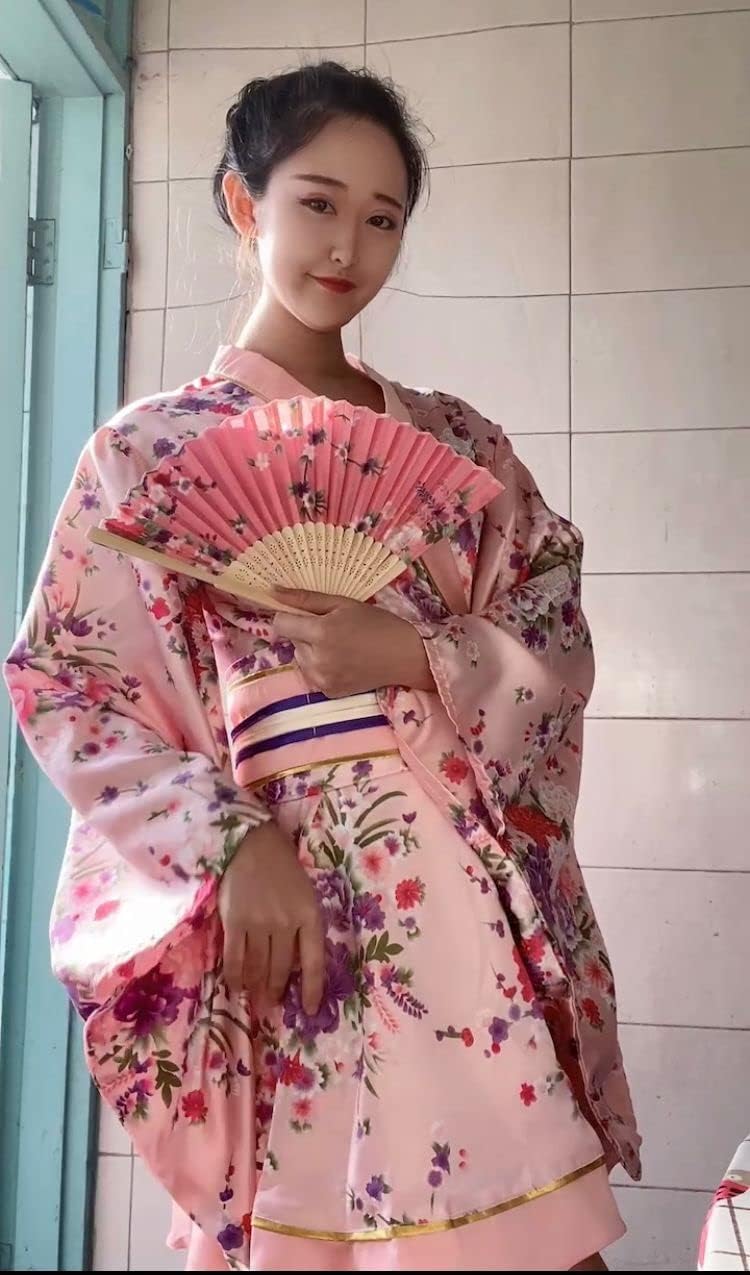 Japanese Anime Women's Dance Kimono Robe Fancy Dress Hand Held Silk Folding Fans Tabi Hairstick Socks Set