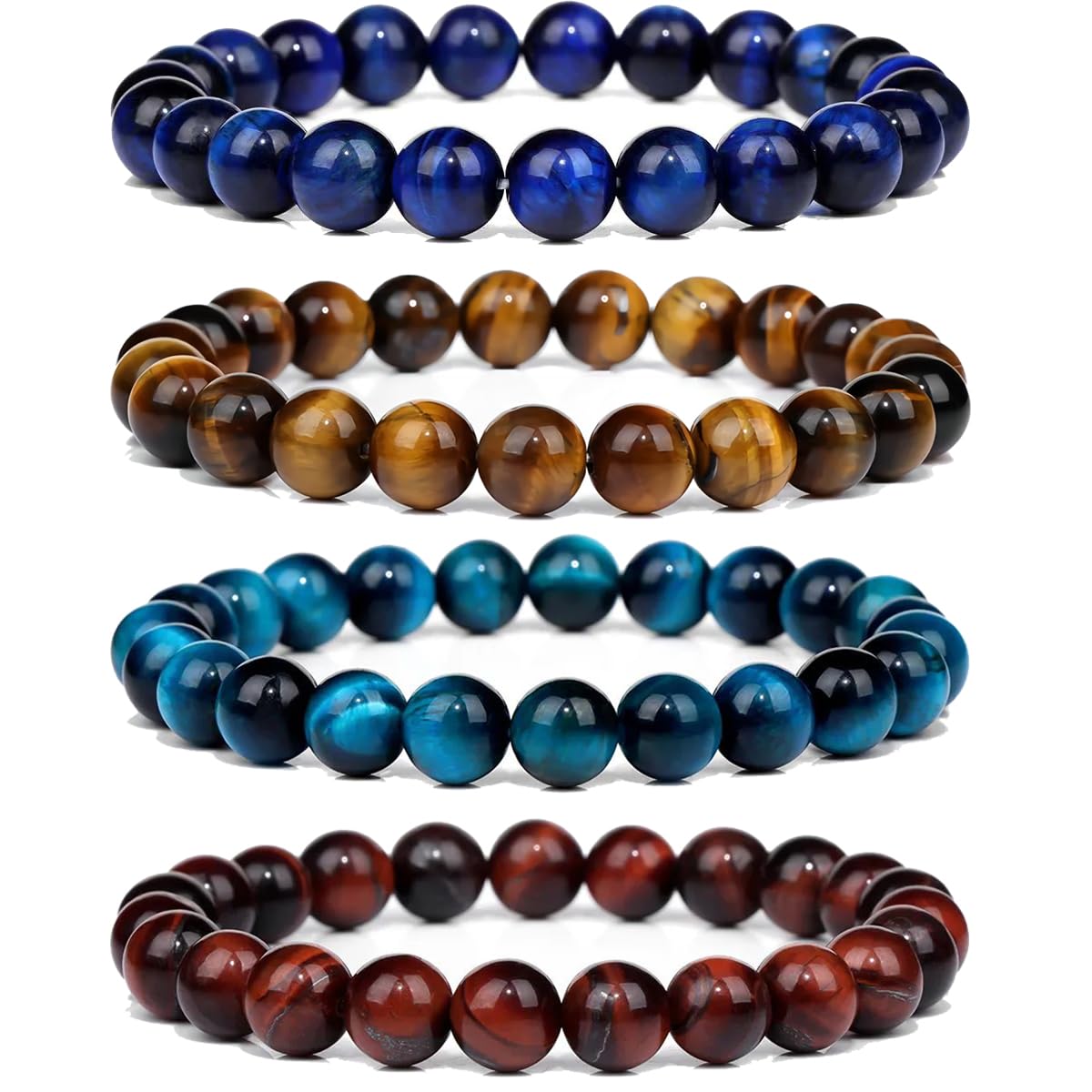 CASDAN 12PCS 8mm Semi-Precious Gemstones Beaded Bracelets for Men Women Tiger Eye Lava Rock Crystal Stone Bead Bracelets Set