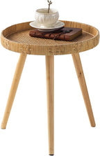 Round Rattan Side Table for Small Spaces, Boho Circle End Table Coffee Table with Solid Wood Leg for Living Room, Bedroom, Corners