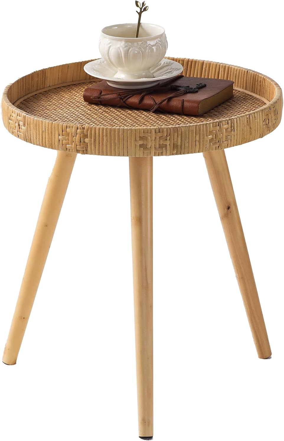 Round Rattan Side Table for Small Spaces, Boho Circle End Table Coffee Table with Solid Wood Leg for Living Room, Bedroom, Corners