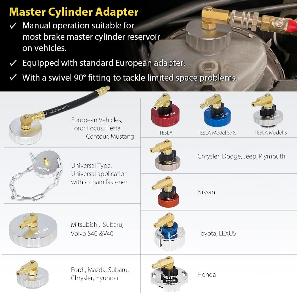 FIRSTINFO A1163HK3 3L Manual Pressure Brake Fluid Bleeder Kit w/ 11 Pcs Metal Master Cylinder Reservoir Adapters + Fluid Receiver Bottle, Extractor Pump, 3 Types of Couplers