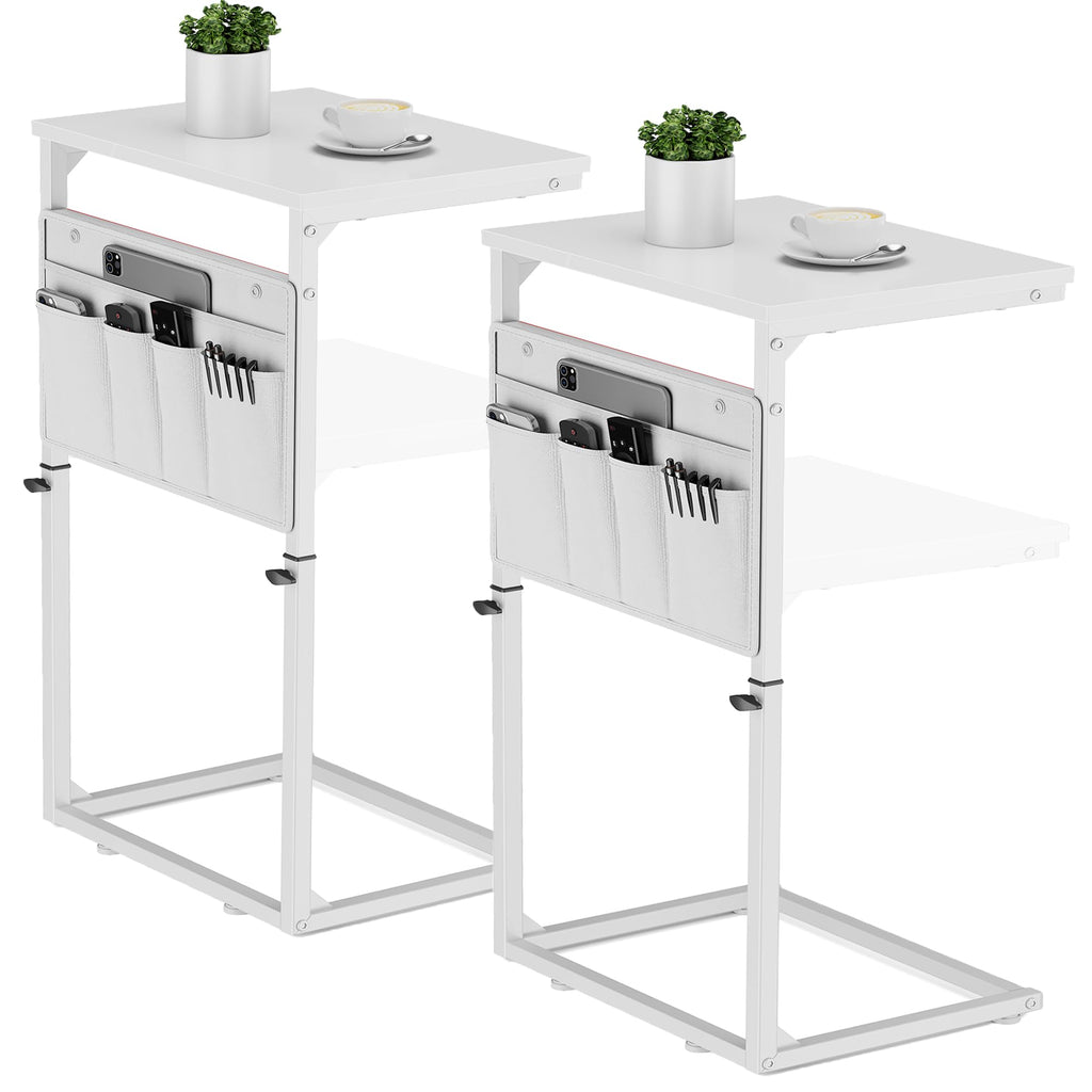 Vagusicc C Shaped End Table, 33'' Tall Side Table for Couch, Adjustable Height Small Couch Side Table for Small Spaces, End Table Slide Under Sofa Table TV Tray Table Arm Table for Living Room, Brown