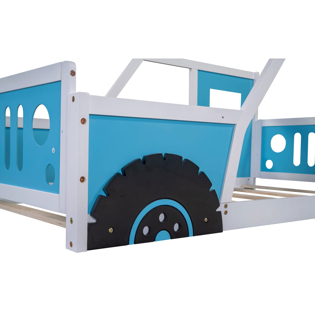 Bellemave Twin Bil Sengestel, Klassisk Bilformet Børneseng med Hjul, Træ Montessori Gulvseng til Børn (Blå & Sort)