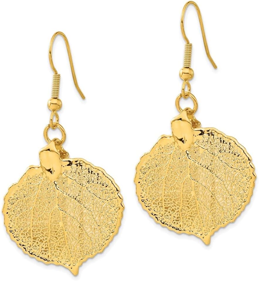 24K Gold-Plated Dipped Aspen Leaf Dangle Earrings (L- 1.82 Inch, W- 1.03 Inch)