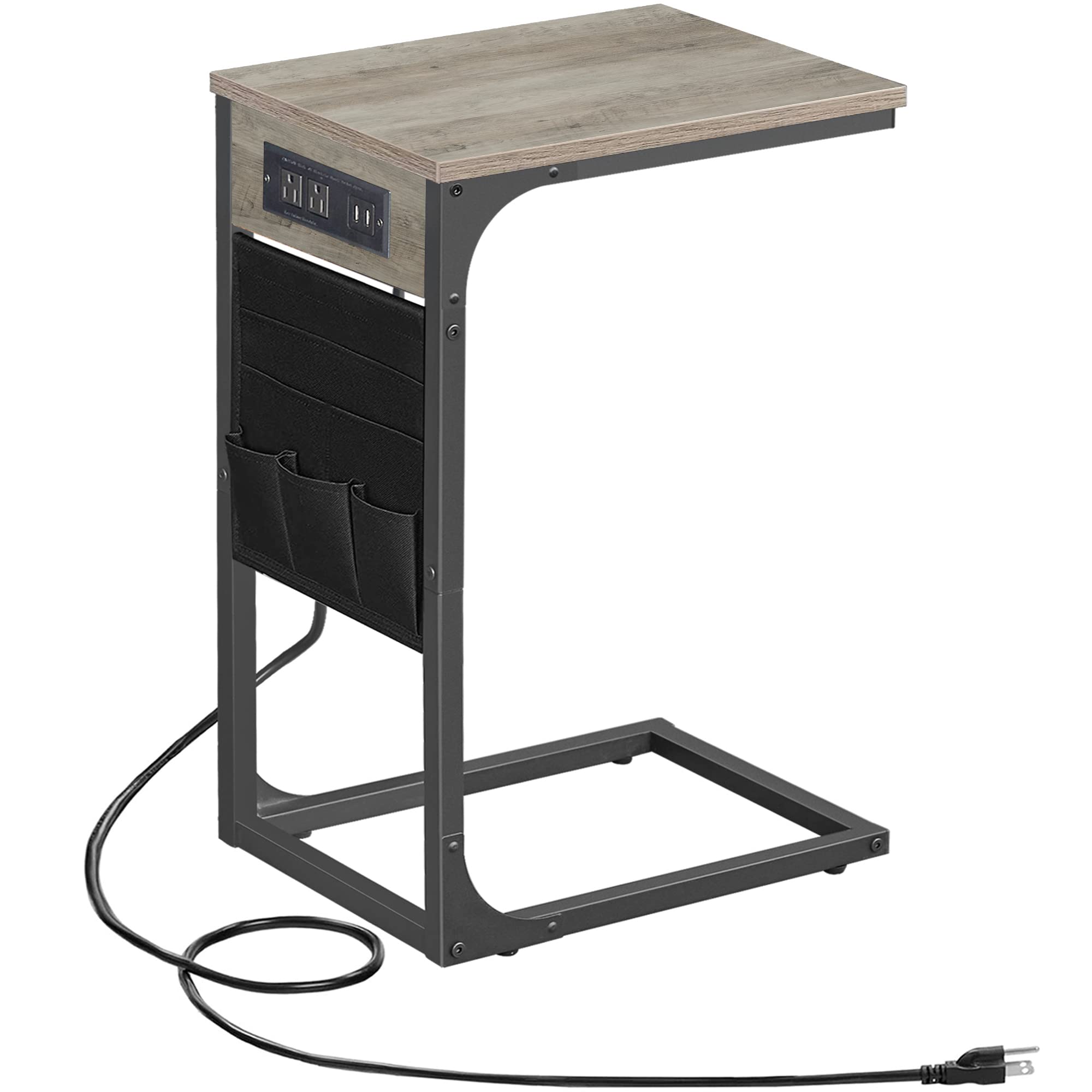 TUTOTAK C Shaped End Table with Charging Station, Side Table for Sofa, Couch Table with Storage Bag, TV Tray with 2 USB Ports and Outlets for Living Room, Bedroom, Brown TB01BB024