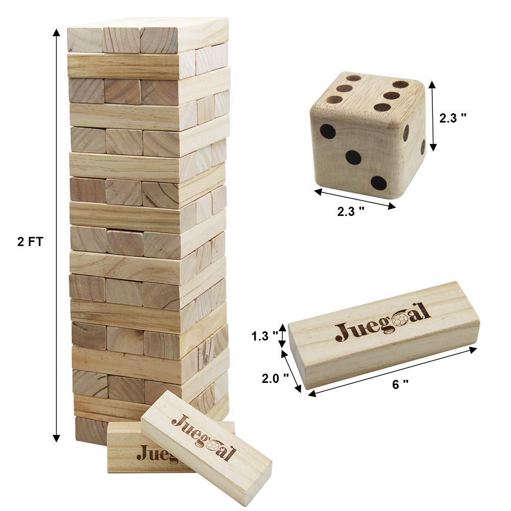 Jogo Juegoal 54 Peças Torre Gigante de Blocos de Queda Jogo Gigante de Empilhamento de Madeira com 1 Dado Conjunto Bolsa de Lona para Adultos, Crianças, Família
