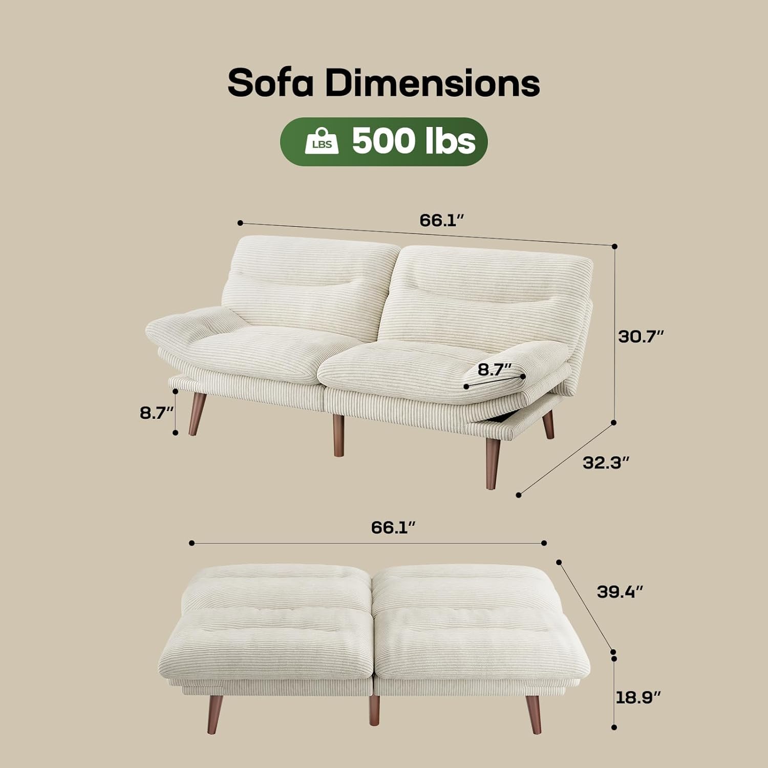 Marsail Futon Sofa Bed, Corduroy Futon Couch with Adjustable Backrest & Armrests, Convertible Small Sleeper Sofa Bed for Small Apartments, Study Room, Office, White