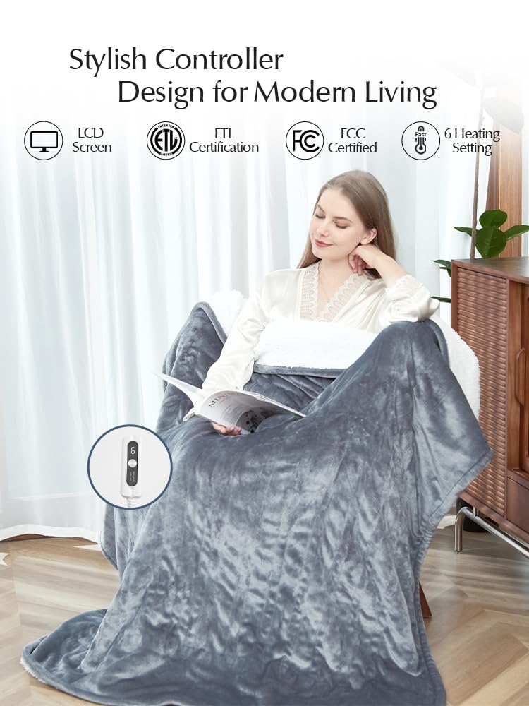 Heated Blanket Throw Size, Soft and Cozy Electric Heating Blanket for Bed, Automatic Safety System 6 Heating Levels & 4 Hours Auto-Off, 50" x 60" Dark Grey
