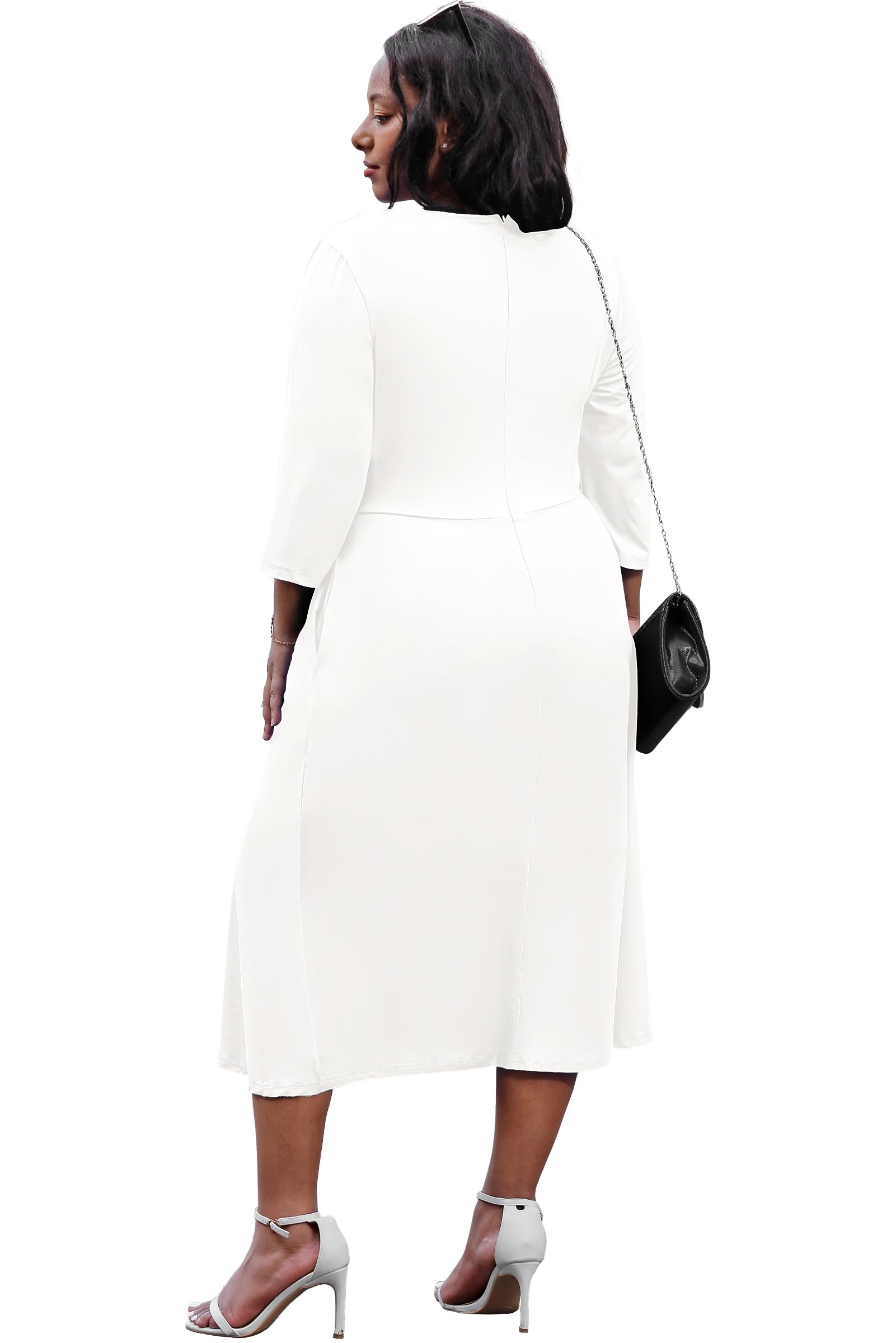 Nmoder Women's Plus Size Stretchy Flared Wrap Dress Casuel Wedding Guest Cocktail Work Midi Dresses V Neck 3/4 Sleeve A-Line Swing White 2XL