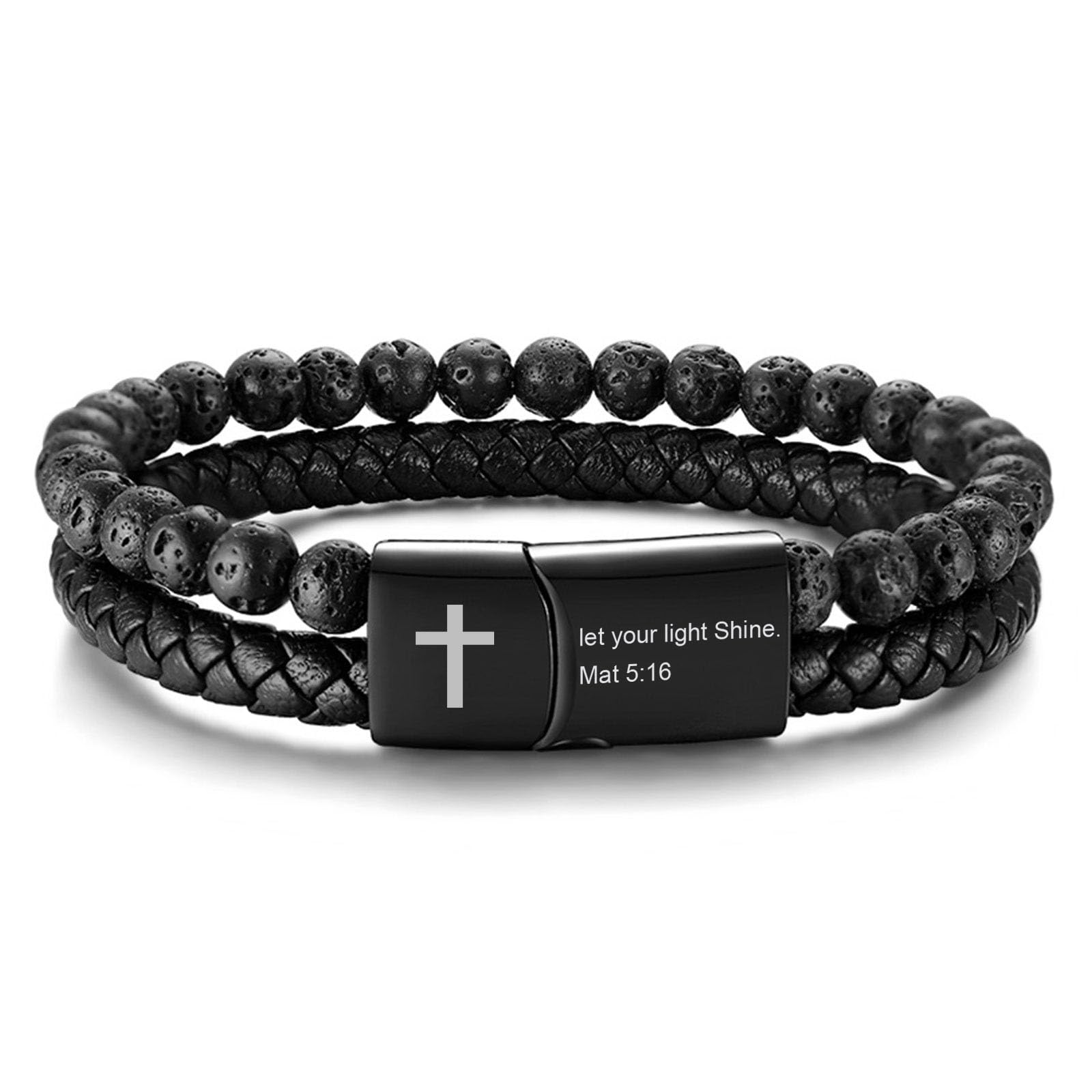 MEALGUET Men's Inspirational Bible Verse Bracelets Lava Rock Bead Bracelet Healing Balancing Braided Leather Wristband with Magnetic Clasp