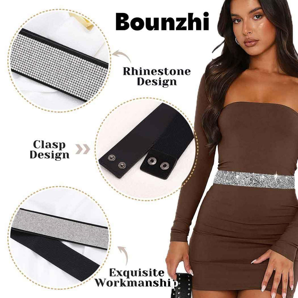 Bounzhi Women Belt Rhinestone Stretch Dresses Belts Elastic Vintage Waist Belt for Women (Silver, L(35"-43")) - Grand Goldman