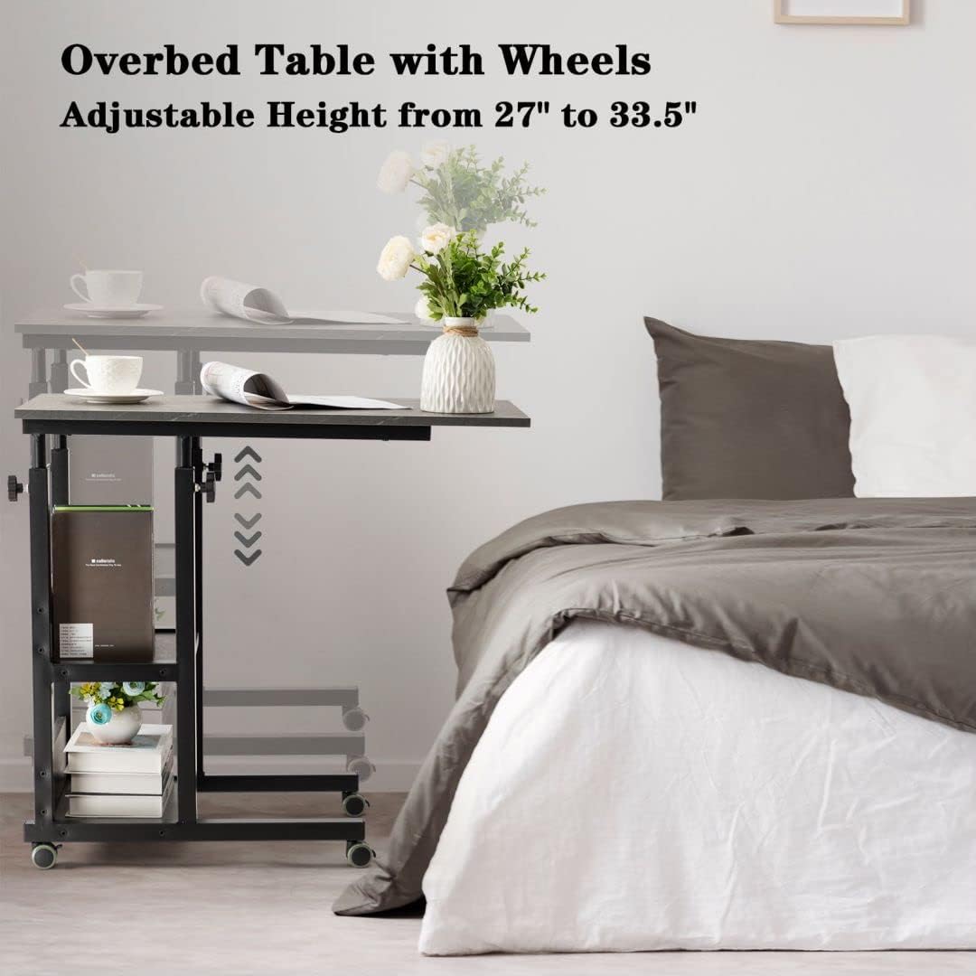 Hadulcet C Shaped Side Table Adjustable, Height Adjustable C Table with Wheels and Storage Shelves for Couch Bed Recliner Dark Grey