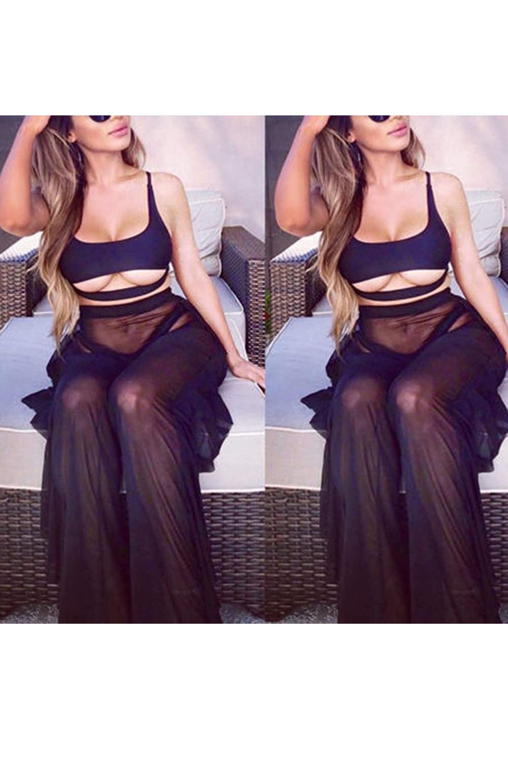 Jumppmile Women's Sexy Ruffle Sheer Mesh Bikini Swimsuit Bathing Wear Cover Up Pants See Through L Black