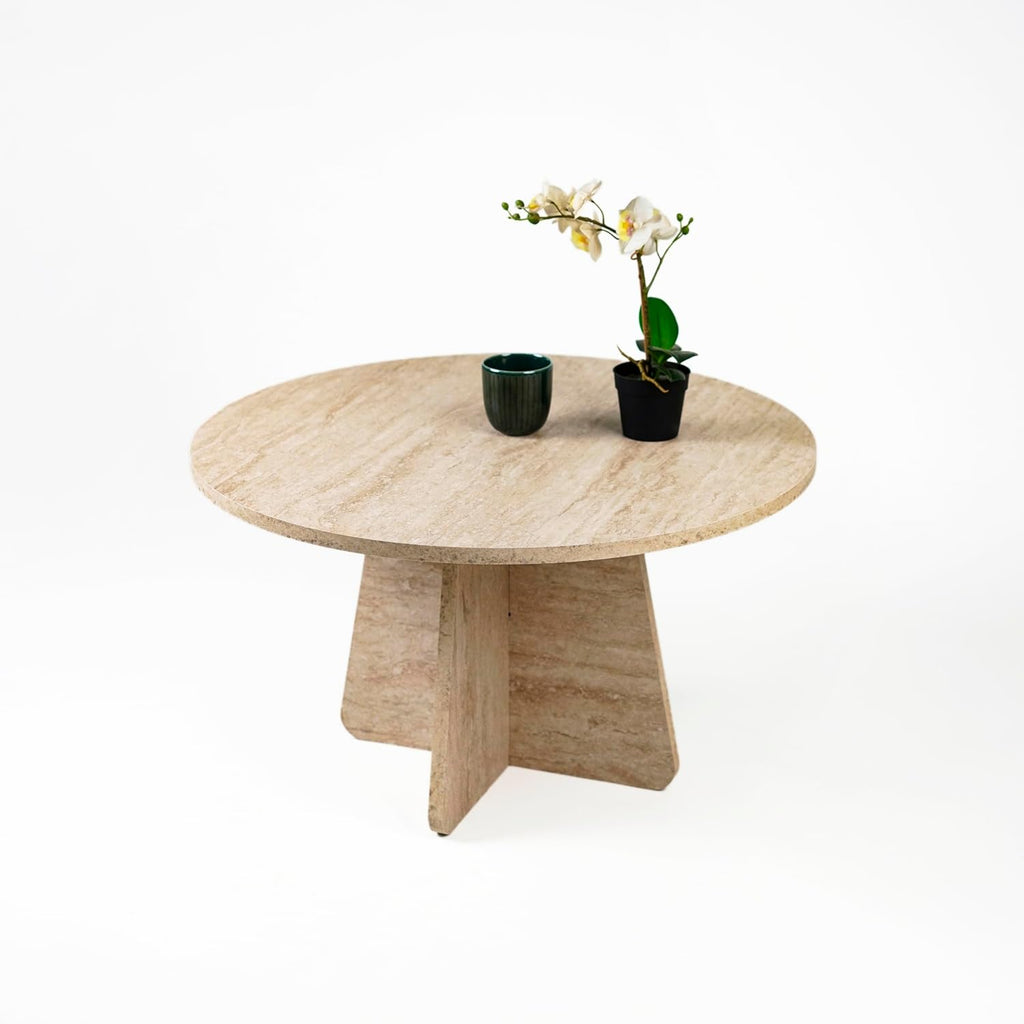 Travertine Efect Coffee Table Modern Side Table for Living Room Accent Table for Sofa or Bedroom (28.3x28.3x16.5 inches)