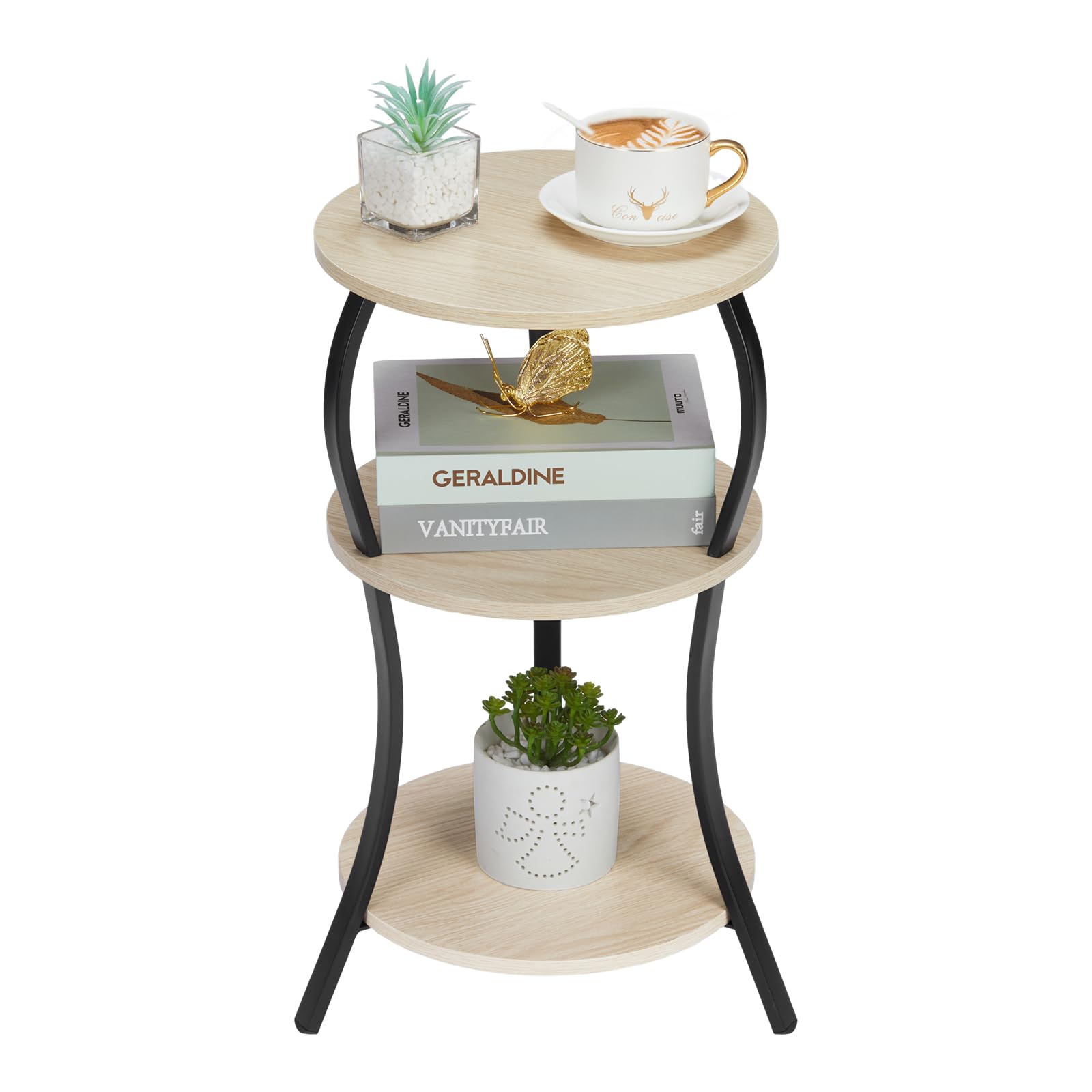 Vintage Small Round Side Table, 3-Tier Slim Waist Circular End Table with Storage Shelf, Compact Tea Sofa Table, Round Corner Coffee Table Nightstand for Living Room Bedroom Small Spaces,Rustic Brown