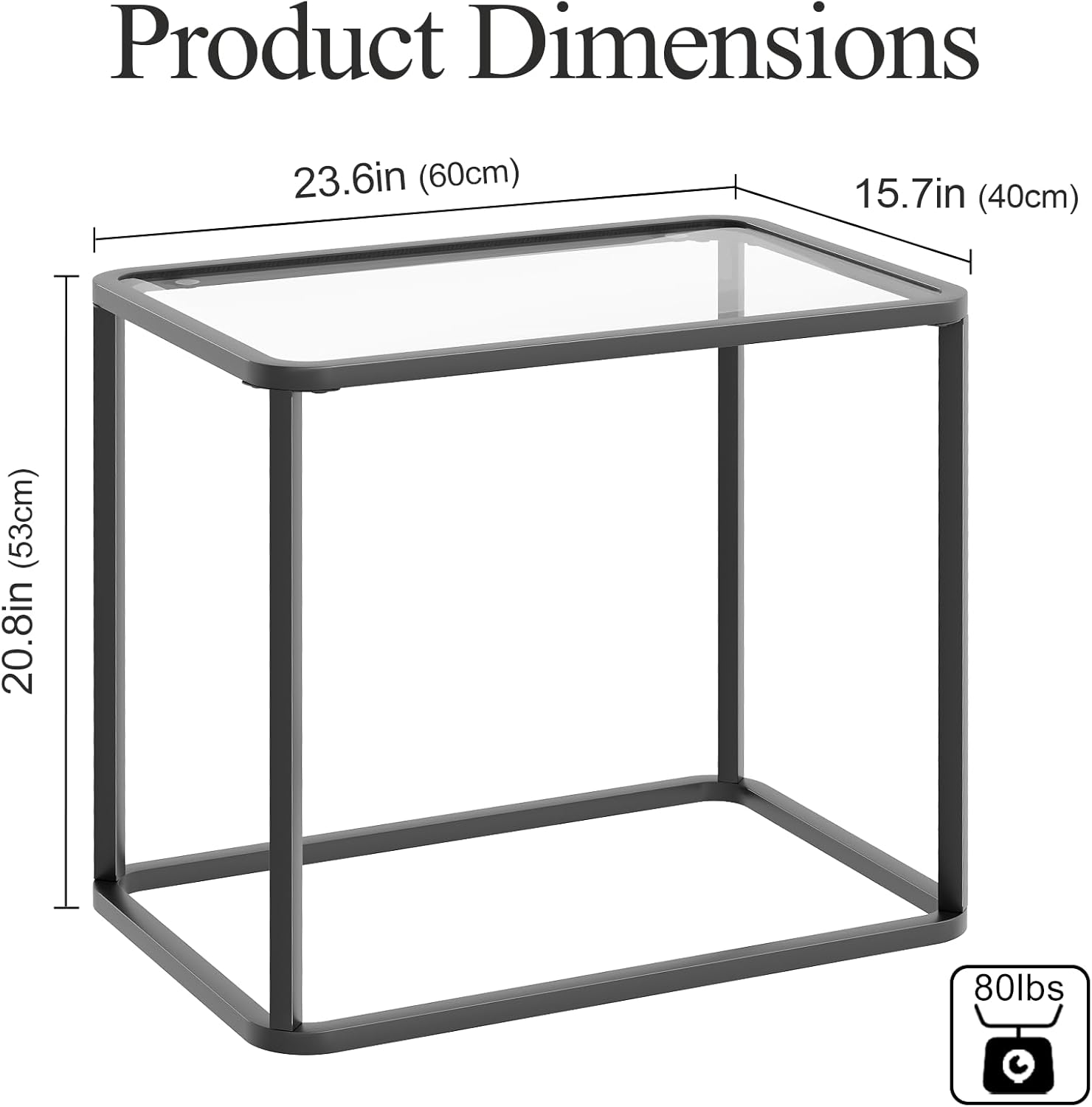 Garden 4 you Glass Side Table, Rectangle End Table with Metal Frame, Modern Bedside Table for Office, Bedroom, Living Room, Study, Small Spaces,Easy Assembly,23.6x15.7x20.8 Inches,Black
