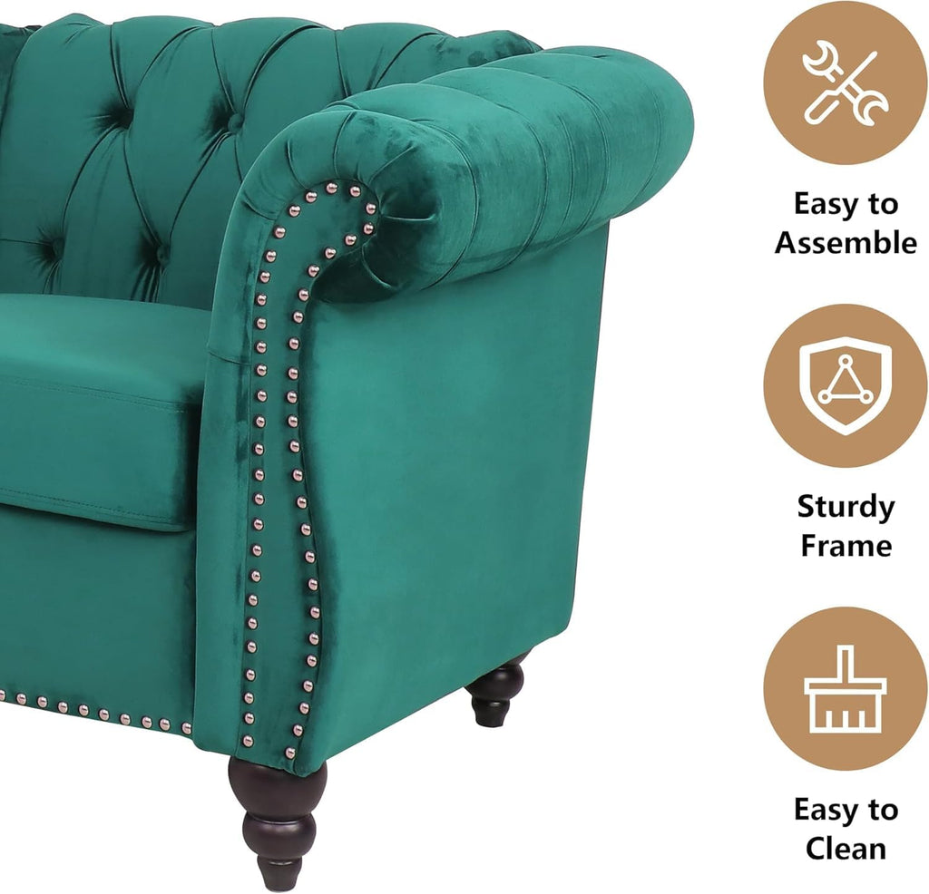 AVZEAR 3-Piece Living Room Sectional Sofa Set, Green Velvet Couch Upholstered Sofa Modern Sofa Couches Set Style Button Tufted, Velvet Chesterfield Sofa for Living Room Apartment, 1+2+3 Seat Green
