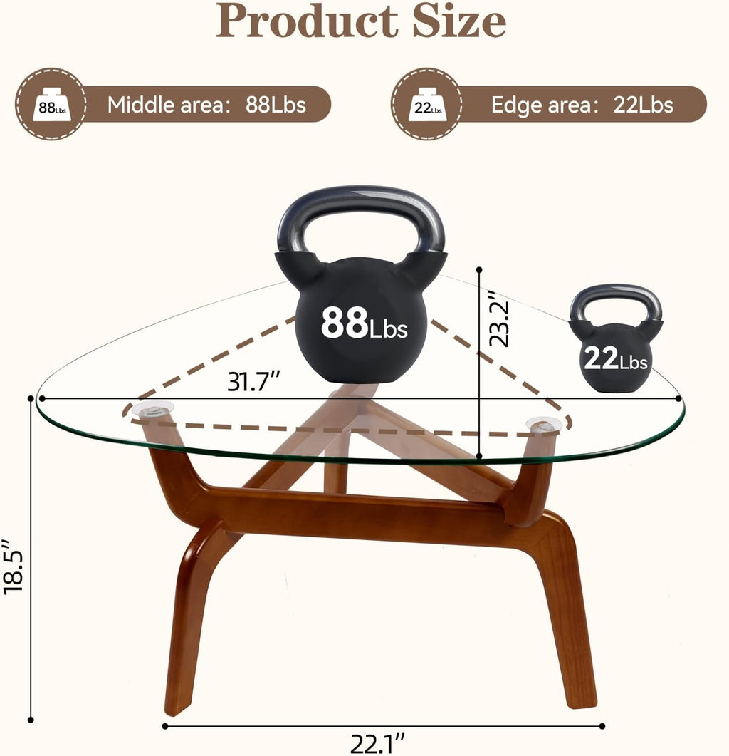 Glass Coffee Tables for Living Room, Triangle Coffee Table with Non-Tip Rubber Wood Base, Morden Tea Table with Tempered Glass Top | Perfect for Homes with Kids/Pets, Office, Apartment (Brown)