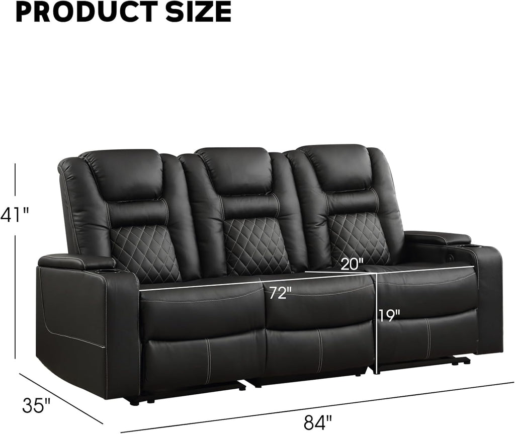 Home Theater Seats, Faux Leather Movie 3 Seat Recliner Sofa with Hidden Arm Storage, Power Gaming Reclining Sofa with USB Charge and Cup Holders
