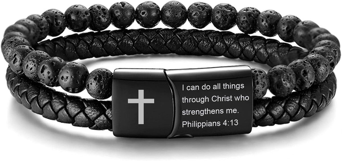 MEALGUET Men's Inspirational Bible Verse Bracelets Lava Rock Bead Bracelet Healing Balancing Braided Leather Wristband with Magnetic Clasp