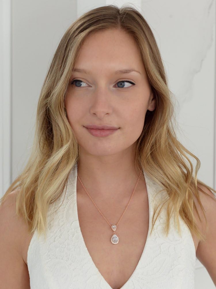 Mariell Rose Gold Cubic Zirconia Crystal Teardrop Bridal Wedding Pendant Necklace, Jewelry for Brides