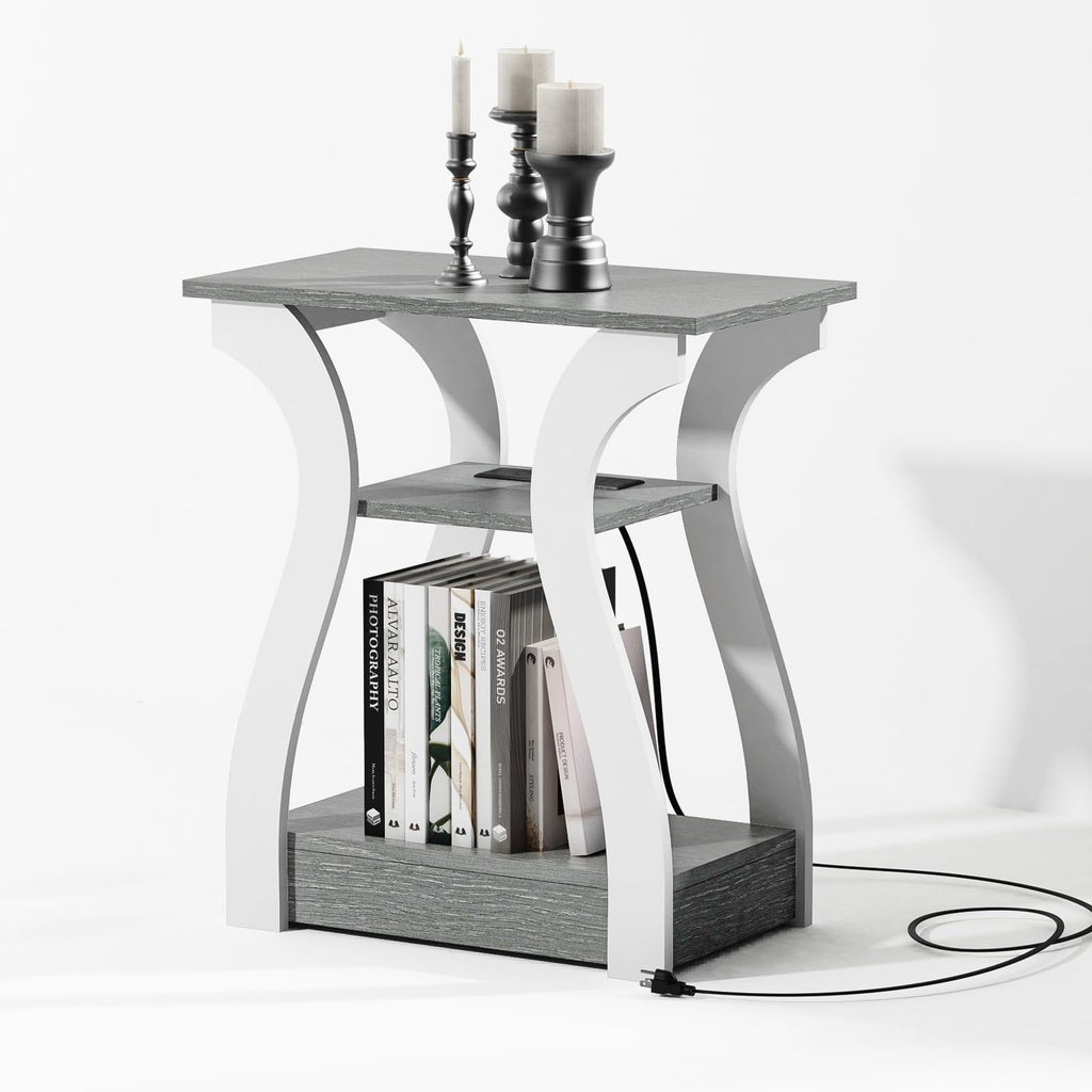 End Tables Living Room, White End Table with Charging Station,White Side Table, Nightstand for Bedroom, 3 Tier End Table with Storage Shelf for Living Room