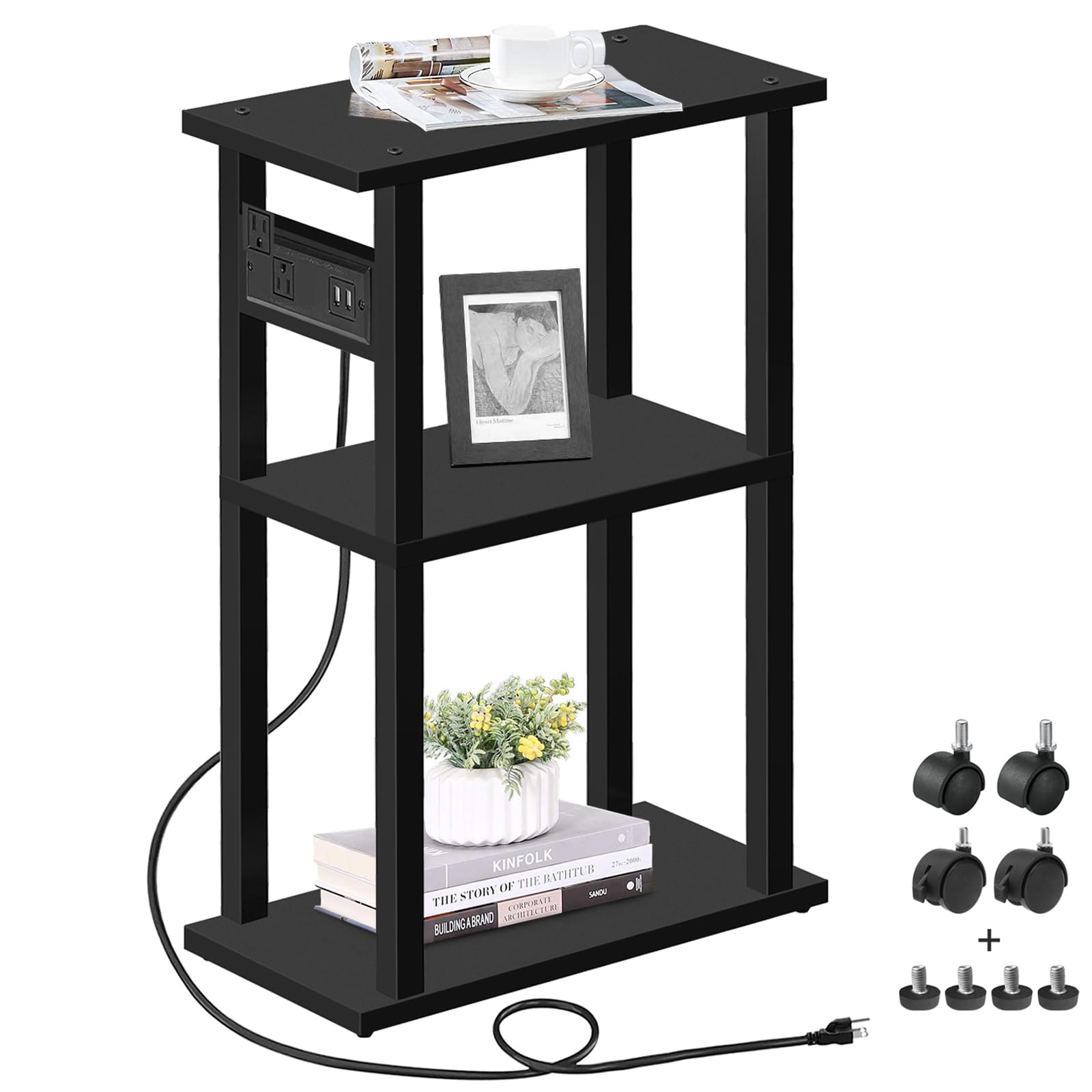 TUTOTAK Small Narrow Side Table with Charging Station, Skinny End Table for Small Spaces, Slim Nightstand with USB Ports and Outlet, Sofa Beside Table with Wheels, Brown TB01BB046