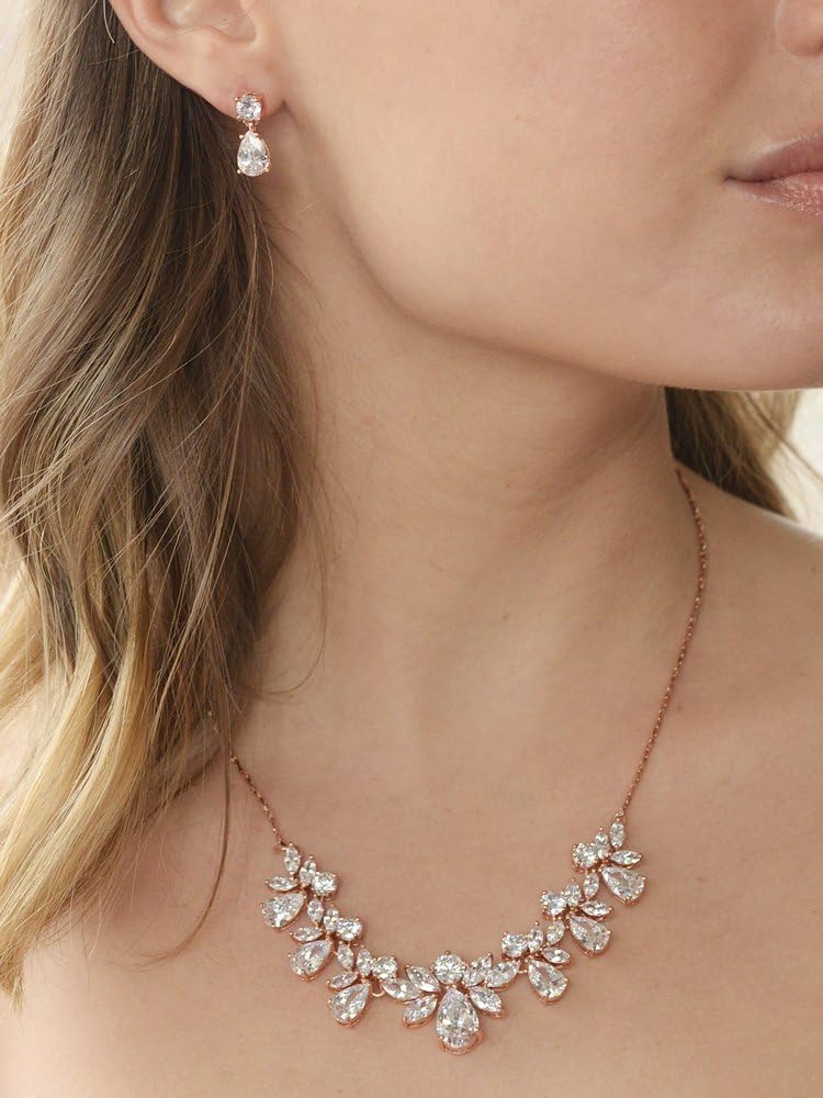Mariell Rose Gold Multi-Shaped Cubic Zirconia Necklace & Earring Wedding Jewelry Set for Women and Brides