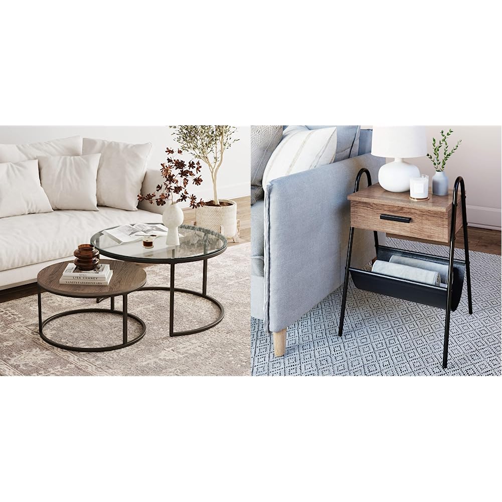 Nathan James Kendall Round Modern Nesting Coffee Set of 2, Stacking Living Room Accent Tables, Light Brown