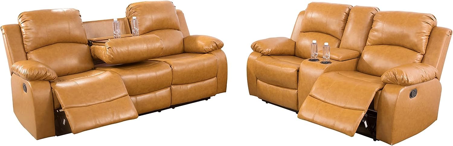 Bonded Leather Living Room Furniture Set Reclining Sofa Set Loveseat Furniture Sets in Living Room Sofa Recliners (3 Pieces, Brown)