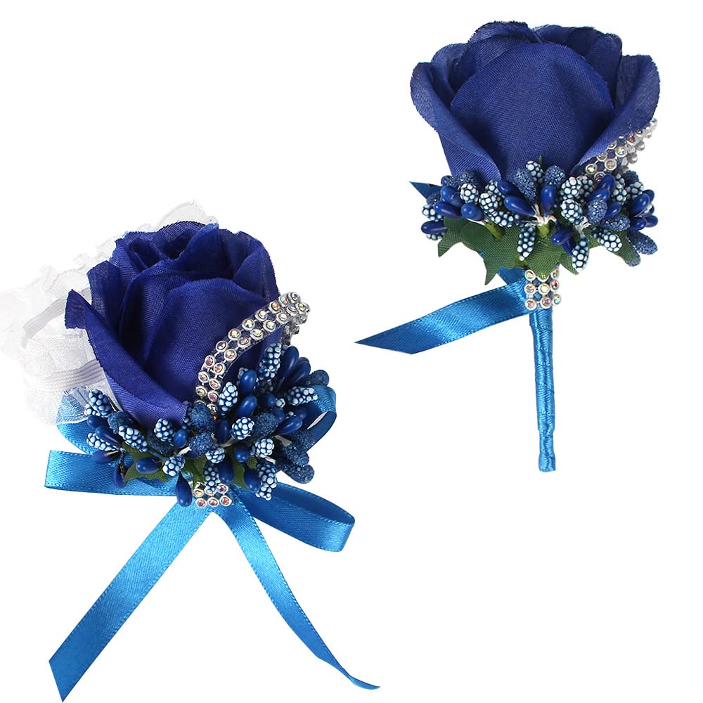 WANLIAN Rose Wrist Corsage Bridesmaid Corsage and Boutonniere Set for Wedding Prom Party Hand Flower Decoration Set of 2 (Blue)