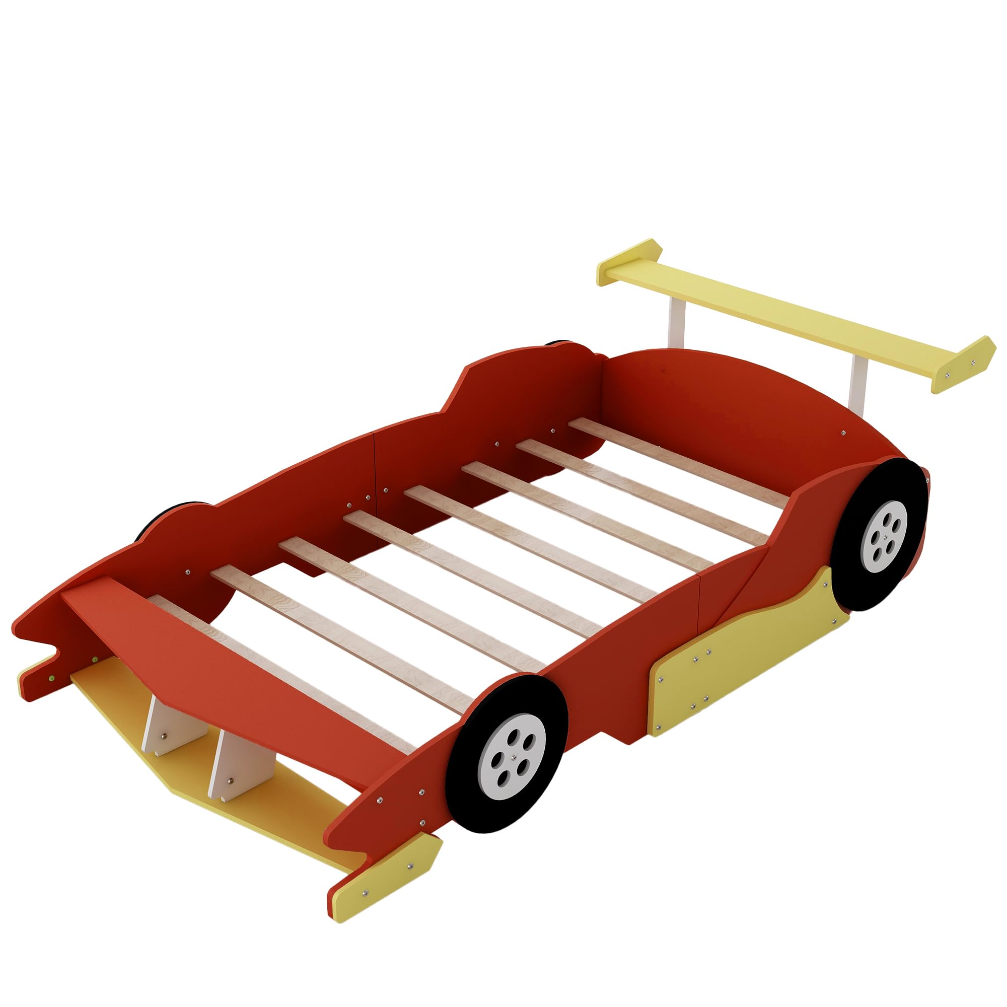 Lit de course taille réelle Bellemave pour enfants, lit plateforme en forme de voiture en bois avec étagères de rangement, lit voiture complet avec roues pour garçons, filles, (taille réelle, rouge)