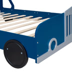 SOFTSEA Lit en forme de voiture taille réelle, cadre de lit en bois avec roues et barrières de sécurité, lit au sol en forme de voiture pour enfants garçons, pas besoin de sommier, bleu