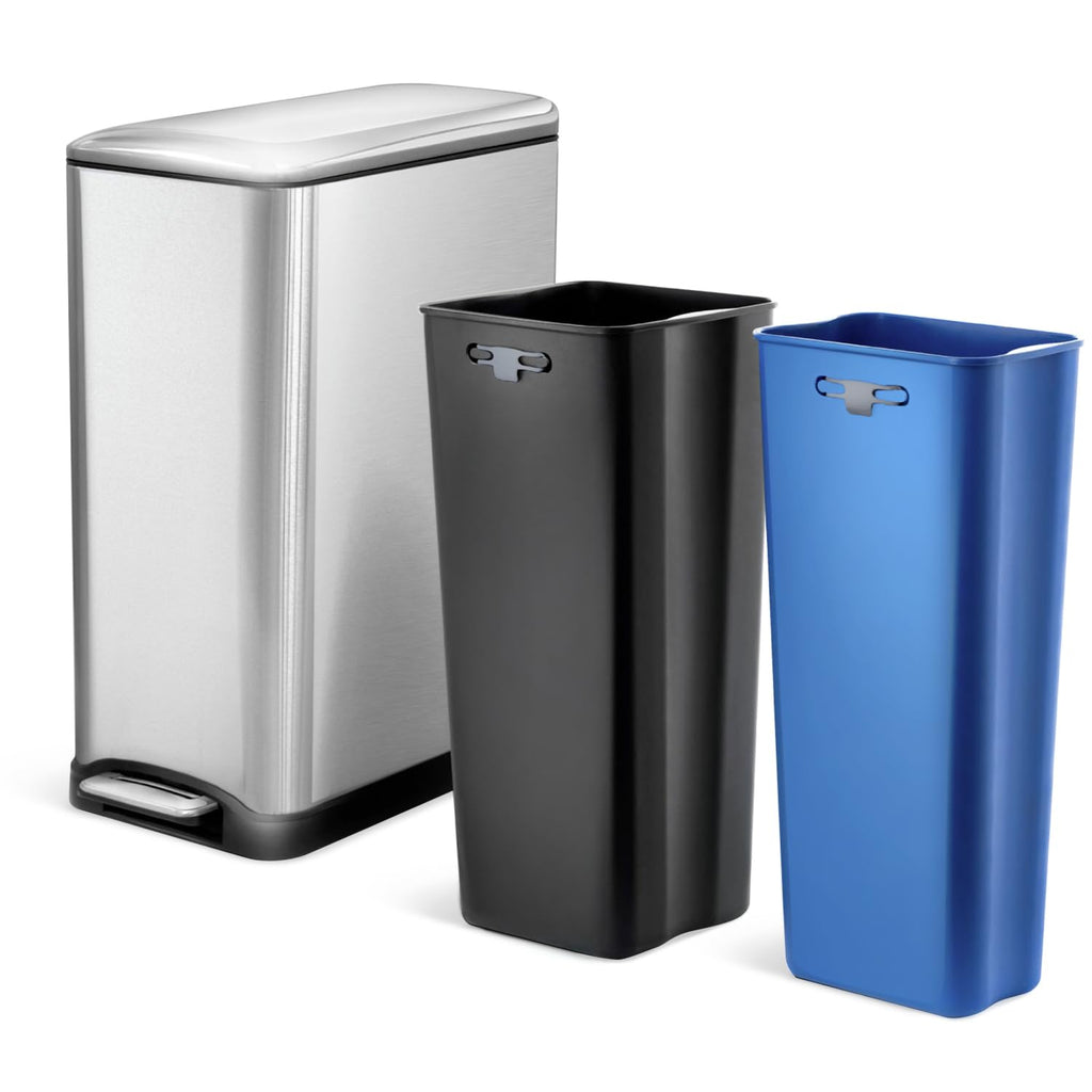 Home Zone Living 13 Gallon Slim Kitchen Trash Can with Dual Compartments for Trash and Recycling, Soft Close Lid, Step Pedal, Stainless Steel, Silver, Gen 1