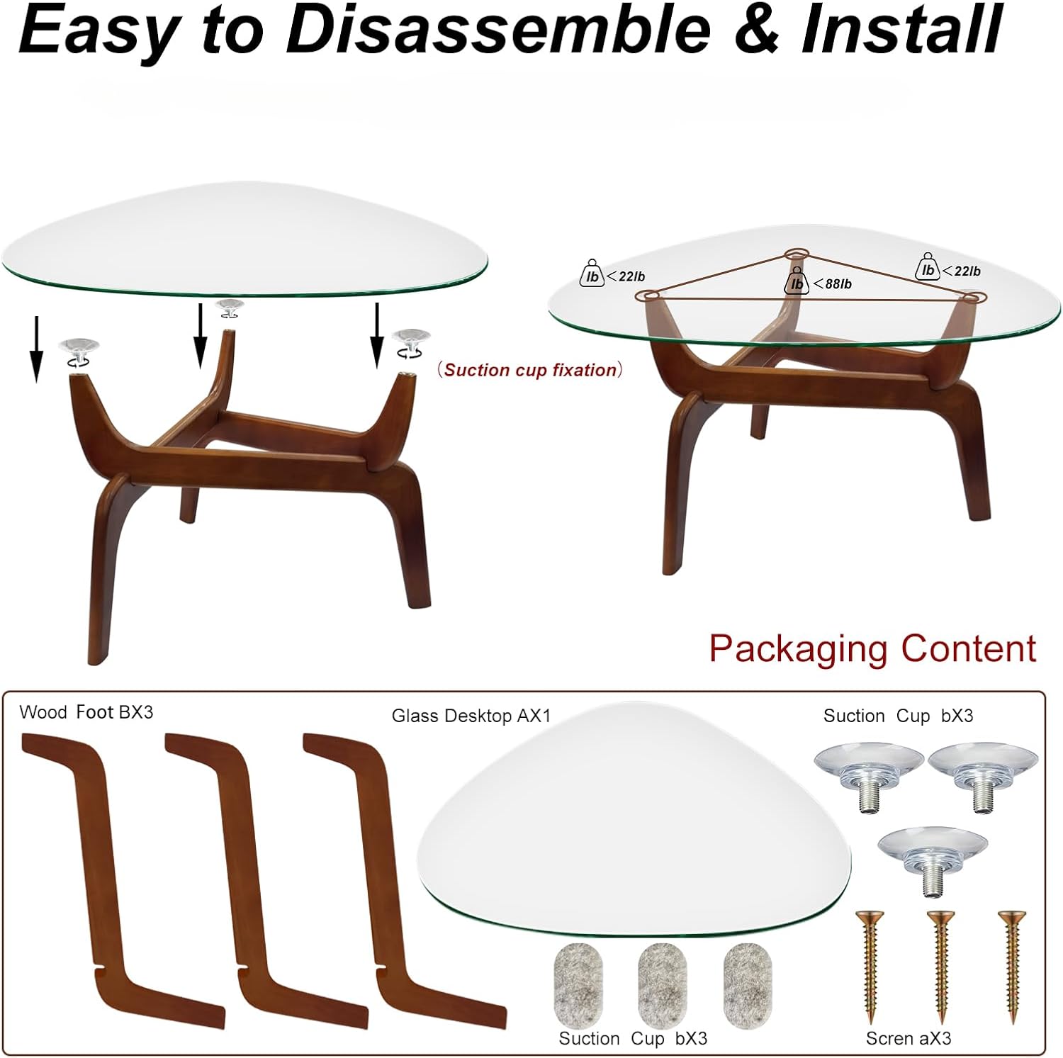 Glass Coffee Tables for Living Room, Triangle Coffee Table with Non-Tip Rubber Wood Base, Morden Tea Table with Tempered Glass Top | Perfect for Homes with Kids/Pets, Office, Apartment (Brown)