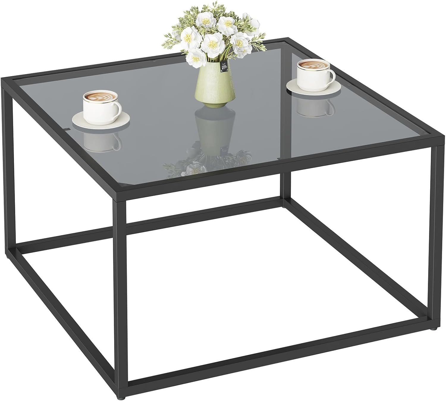 YMYNY Glass Coffee Table, Tempered Glass Square Coffee Tables with Metal Frame, Unique Modern Table for Living Room Home Office 26.77" x 26.77" x 15.75", Black Grey, UHCT001H