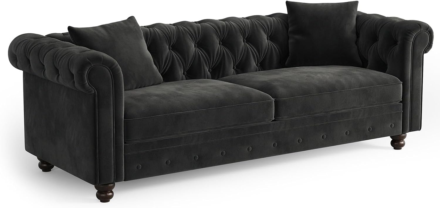 82 Inch Chesterfield Sofa, 23 Inch Deep Seat Velvet Couch for Living Room, Button Tufted Couch with Rolled Arms, 2 Throw Pillows, Comfy Vintage Loveseat Sofa for Apartment, Black