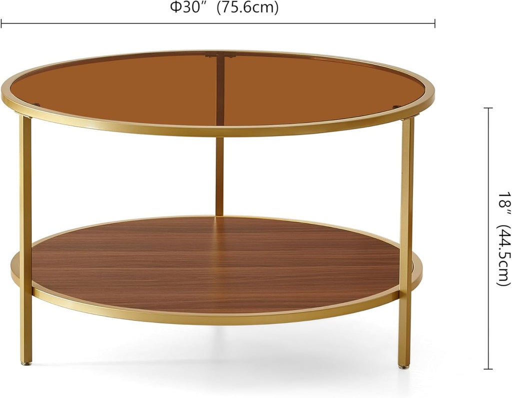 Modern Round Glass Coffee Table with Amber Glass Top, Round Glass Table for Living Room, D30''×H18'', Gold Table Legs Structure & Amber Glass Top